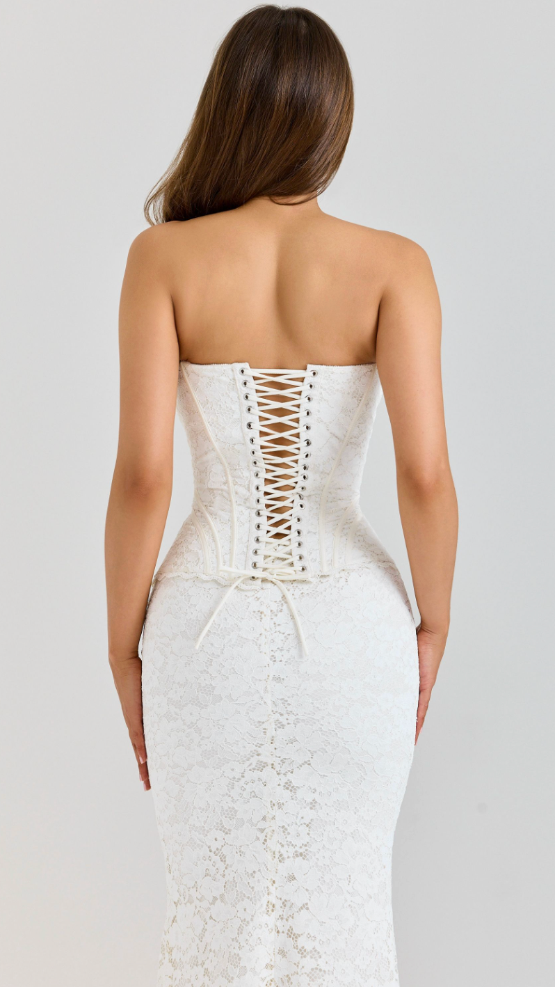 Juliette Strapless Lace Corset Maxi Dress - White - back