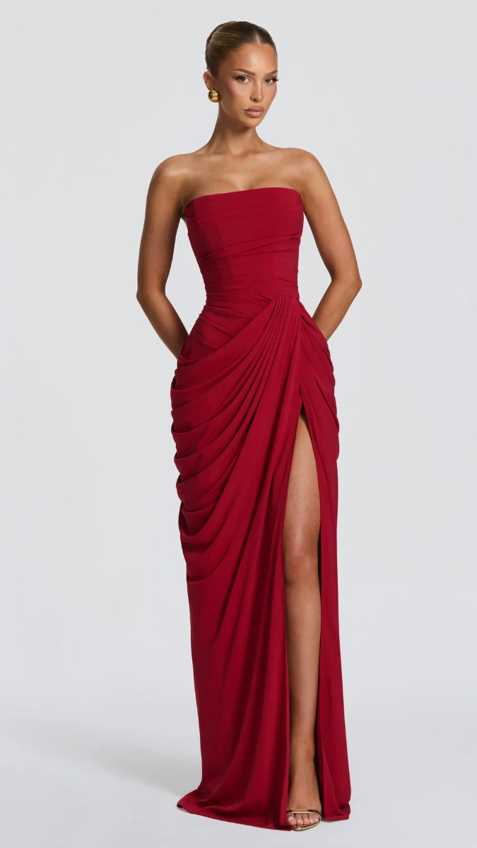 Aurelia Strapless Draped Maxi Dress - Red - front
