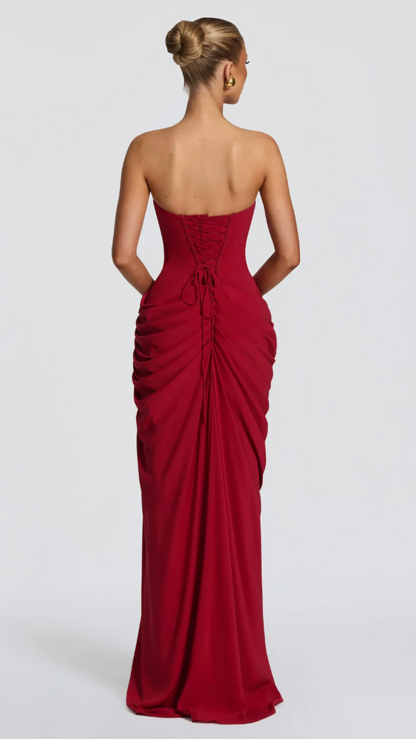 Aurelia Strapless Draped Maxi Dress - Red - back
