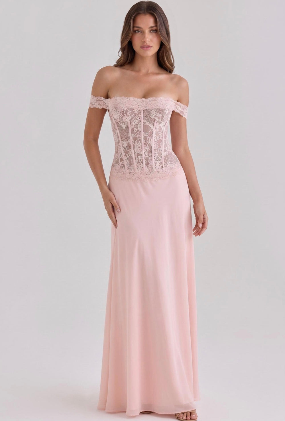 Manon off-shoulder lace corset maxi dress in blush, front view