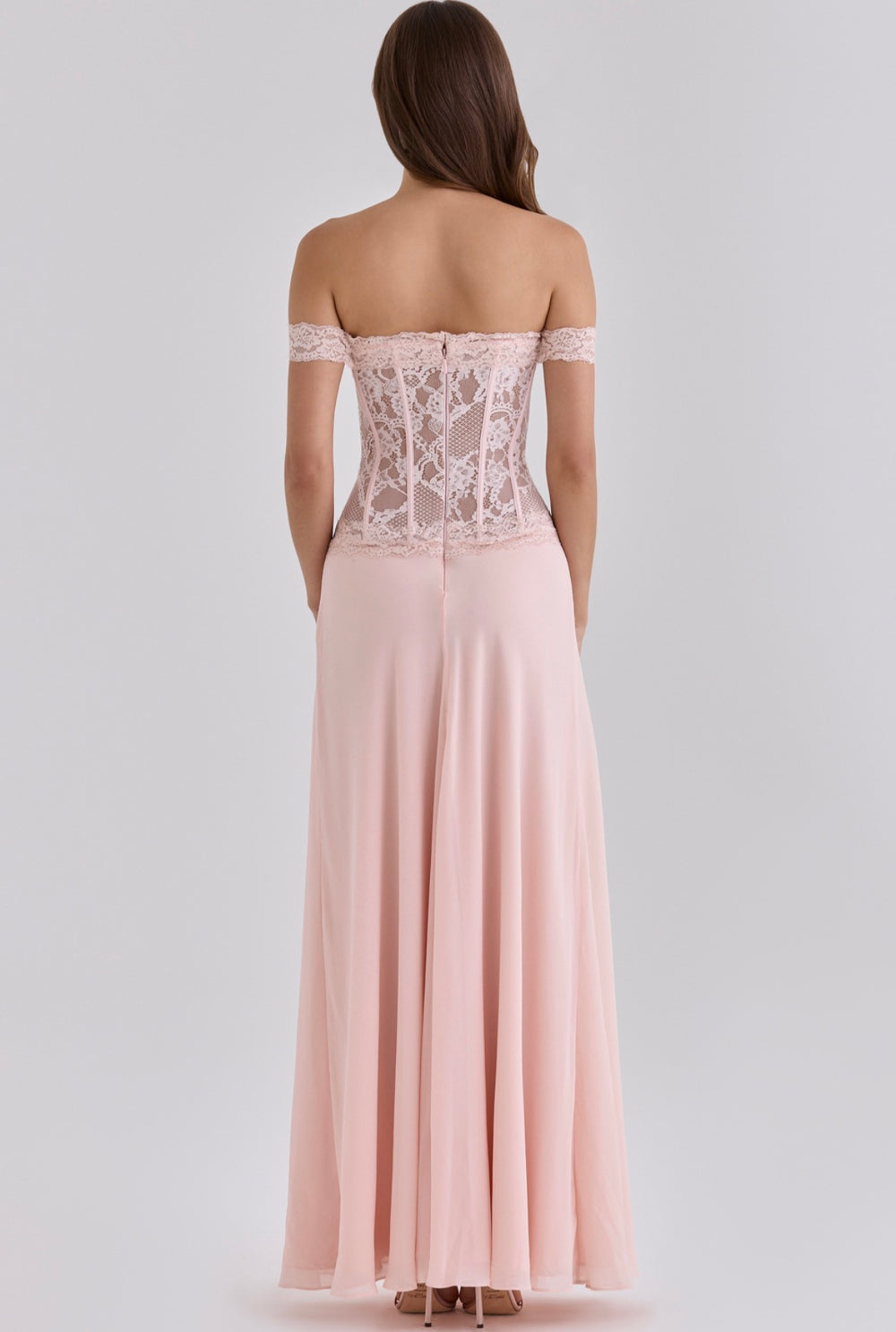 Manon off-shoulder lace corset maxi dress in blush, back view