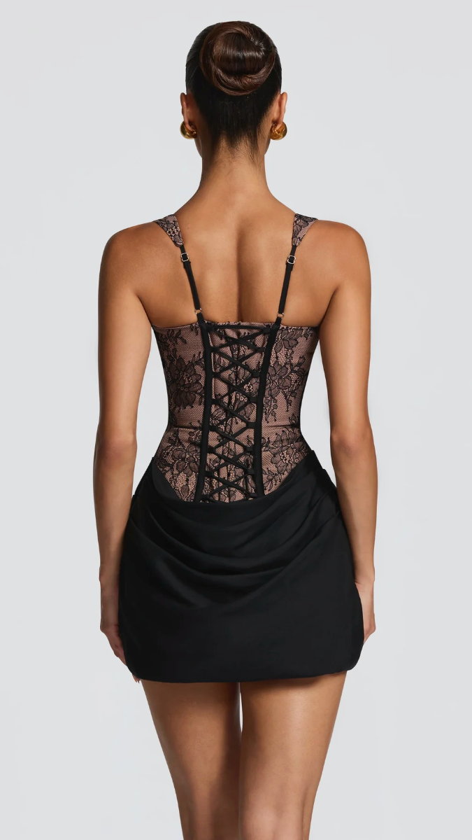 Selena Lace Corset Mini Dress - Black - back lace-up