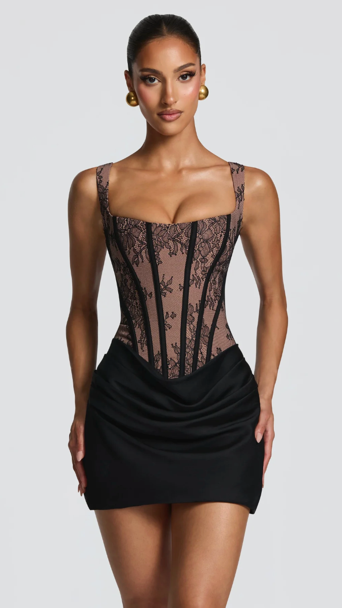 Selena Lace Corset Mini Dress - Black - front close