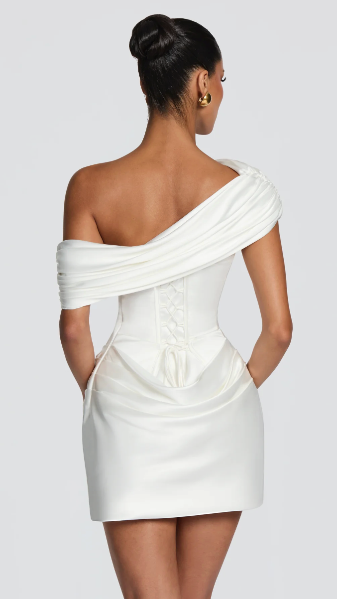 Valentina Convertible Corset Mini Dress - White - one-shoulder back