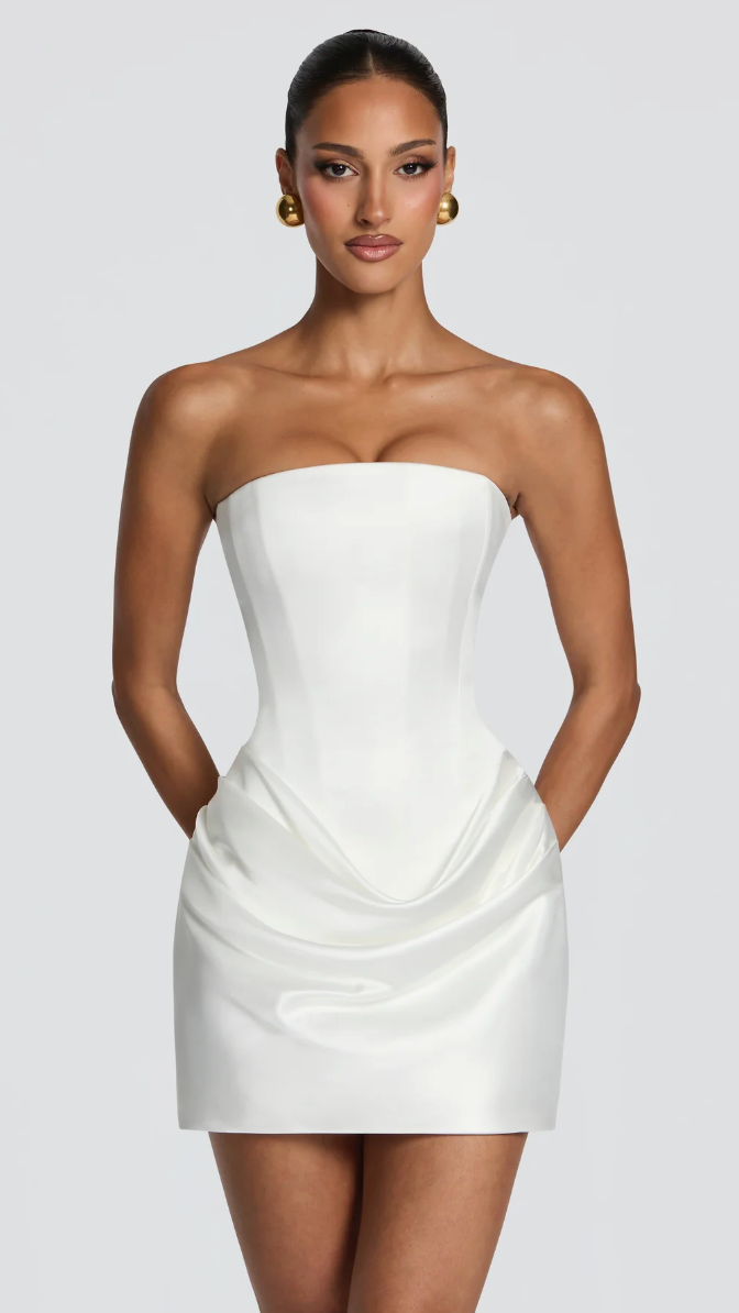 Valentina Convertible Corset Mini Dress - White - strapless front alt